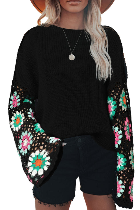 Retro Floral Crochet Bell Sleeve Pullover Sweater