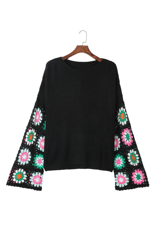 Retro Floral Crochet Bell Sleeve Pullover Sweater
