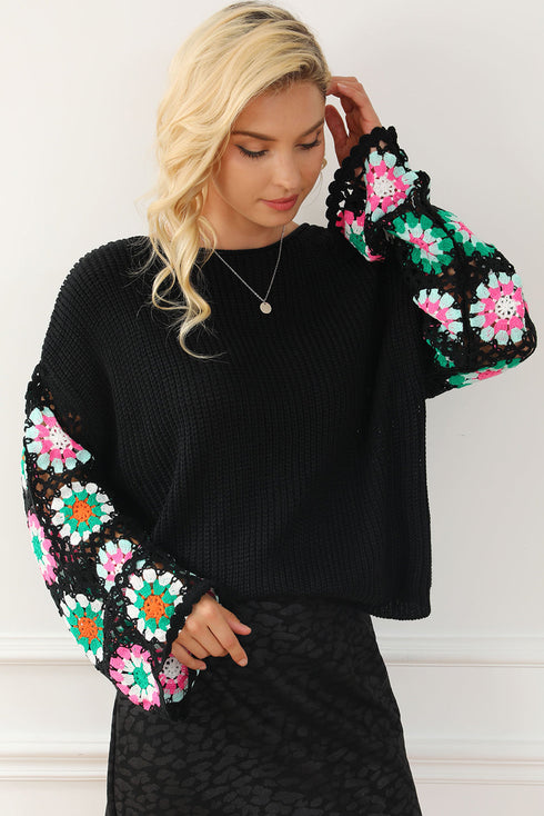 Retro Floral Crochet Bell Sleeve Pullover Sweater