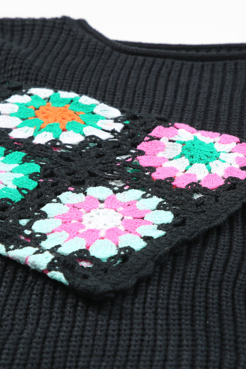 Retro Floral Crochet Bell Sleeve Pullover Sweater
