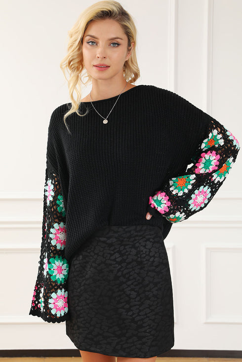 Retro Floral Crochet Bell Sleeve Pullover Sweater