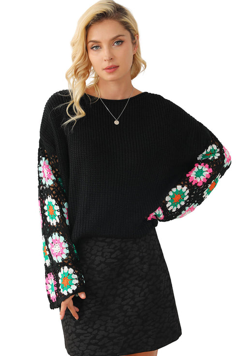 Retro Floral Crochet Bell Sleeve Pullover Sweater