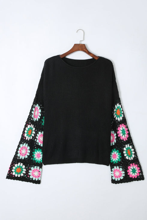 Retro Floral Crochet Bell Sleeve Pullover Sweater