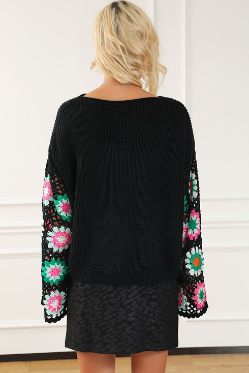 Retro Floral Crochet Bell Sleeve Pullover Sweater