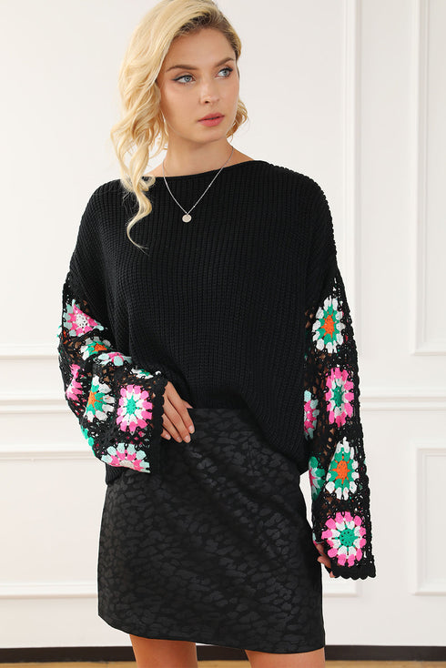 Retro Floral Crochet Bell Sleeve Pullover Sweater