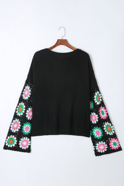 Retro Floral Crochet Bell Sleeve Pullover Sweater