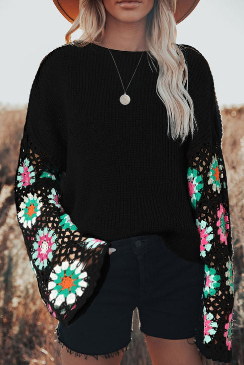 Retro Floral Crochet Bell Sleeve Pullover Sweater