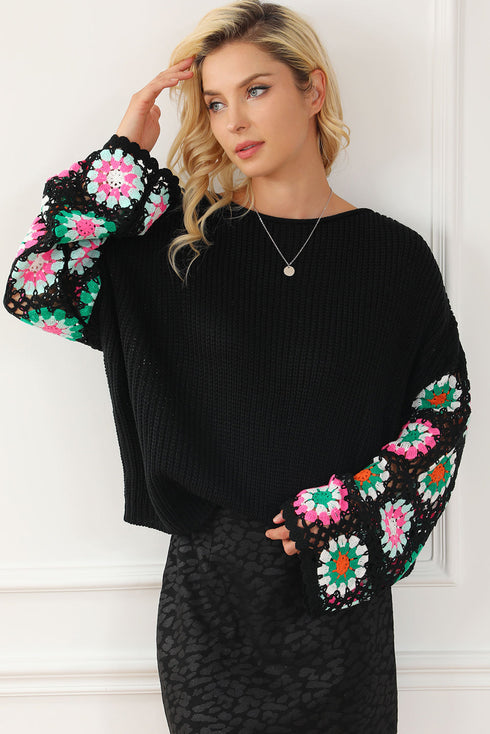 Retro Floral Crochet Bell Sleeve Pullover Sweater