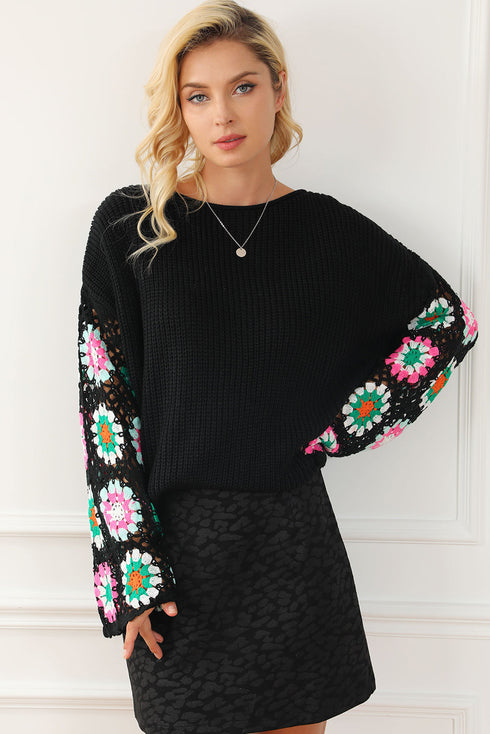 Retro Floral Crochet Bell Sleeve Pullover Sweater