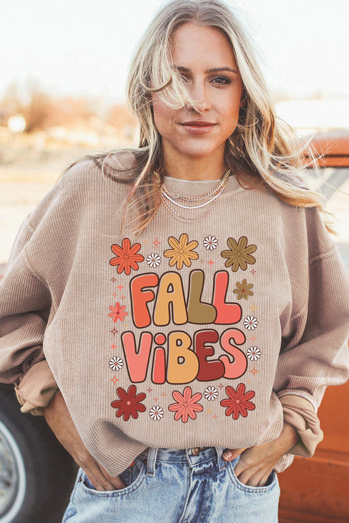 Retro Floral Graphic Corded Crew Neck Sweatshirt