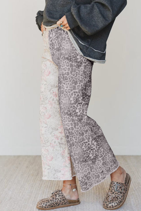 Retro Floral Leopard Patchwork Raw Hem Denim Jeans