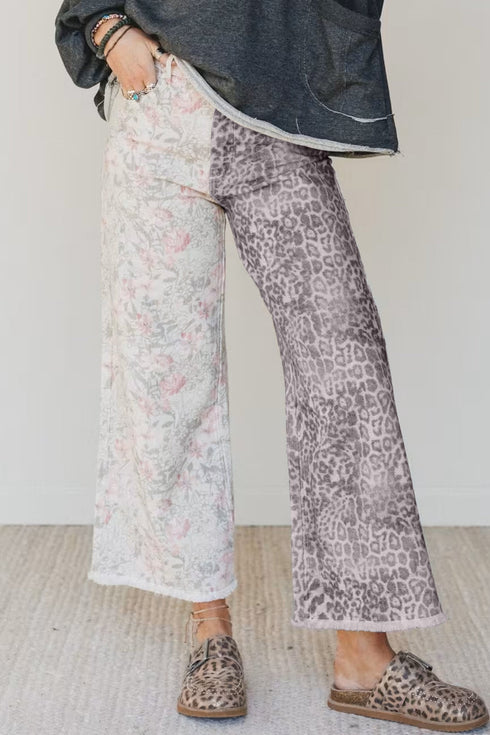 Retro Floral Leopard Patchwork Raw Hem Denim Jeans