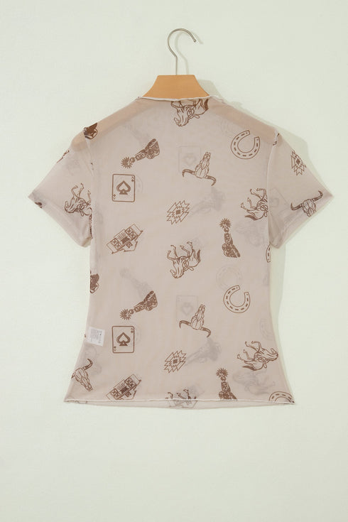 Retro Floral Mesh Short Sleeve Fitted Crew Neck Top