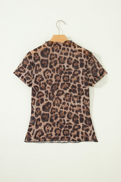 Retro Floral Mesh Short Sleeve Fitted Crew Neck Top