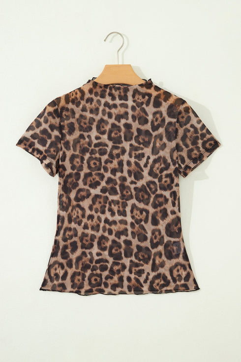 Retro Floral Mesh Short Sleeve Fitted Crew Neck Top