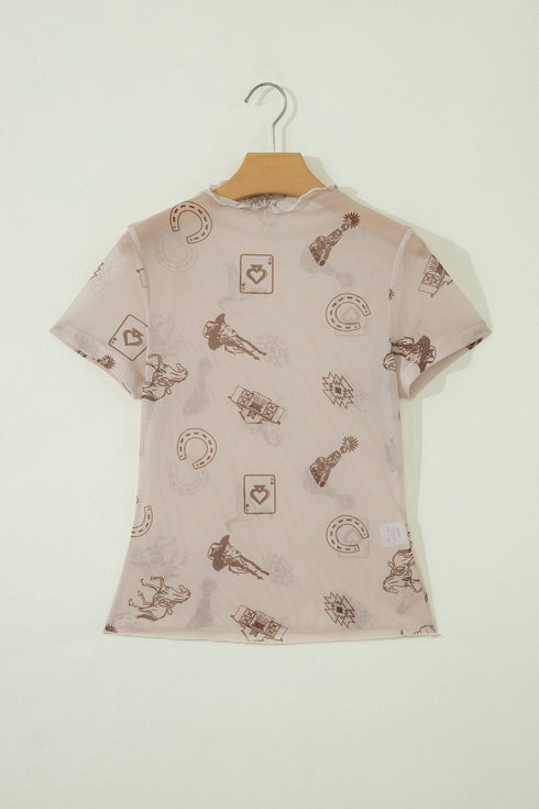 Retro Floral Mesh Short Sleeve Fitted Crew Neck Top