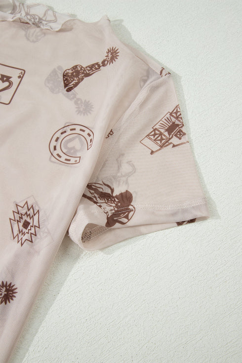 Retro Floral Mesh Short Sleeve Fitted Crew Neck Top