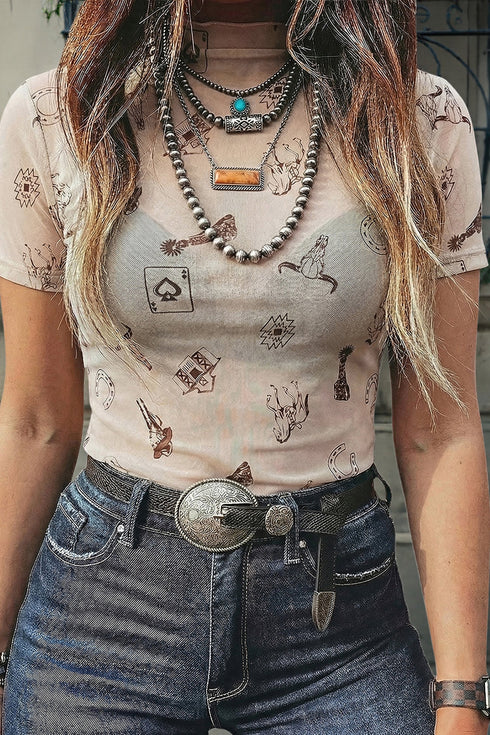 Retro Floral Mesh Short Sleeve Fitted Crew Neck Top