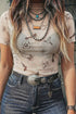 Retro Floral Mesh Short Sleeve Fitted Crew Neck Top