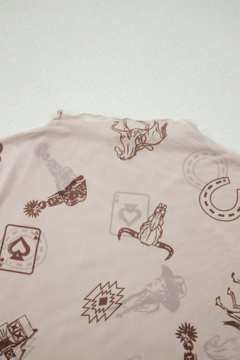 Retro Floral Mesh Short Sleeve Fitted Crew Neck Top
