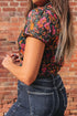 Retro Floral Mesh Short Sleeve Fitted Crew Neck Top
