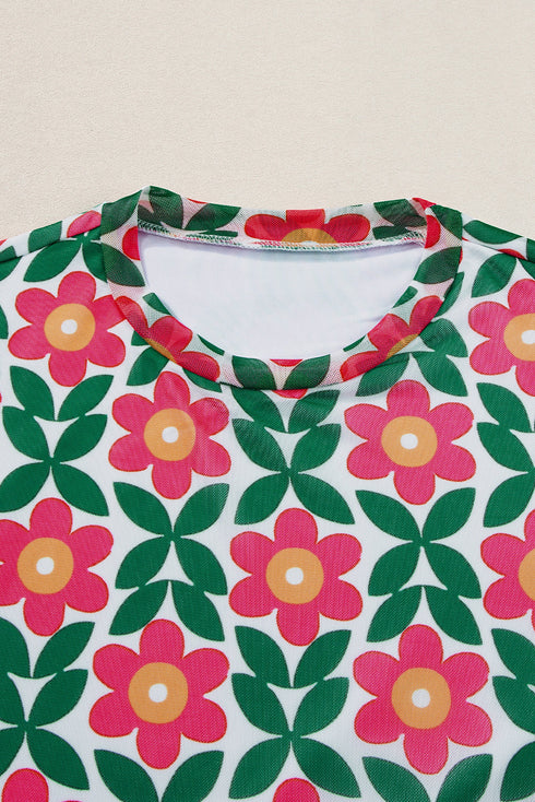 Retro Floral Mesh Short Sleeve Fitted Top
