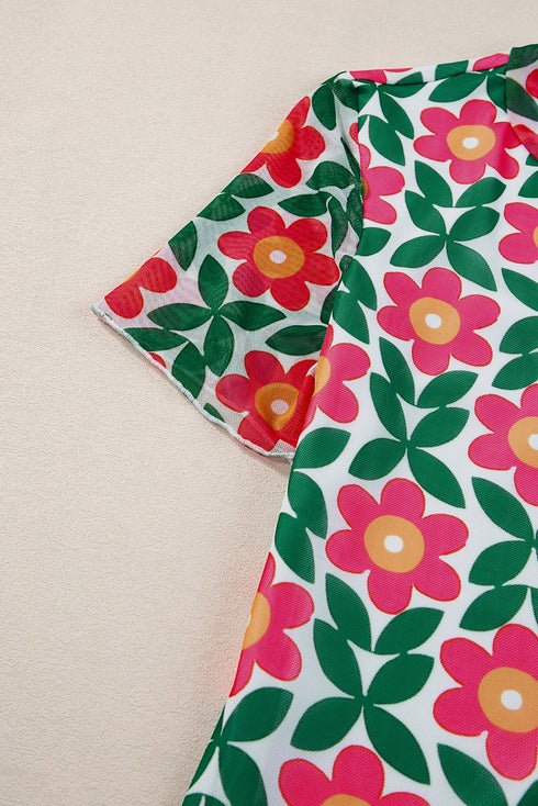 Retro Floral Mesh Short Sleeve Fitted Top