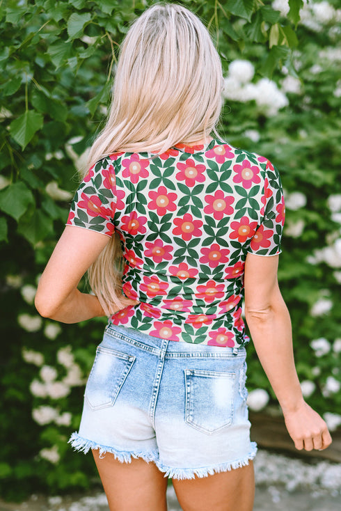 Retro Floral Mesh Short Sleeve Fitted Top