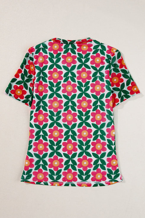 Retro Floral Mesh Short Sleeve Fitted Top