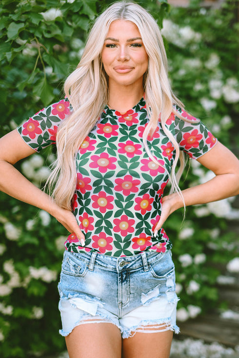 Retro Floral Mesh Short Sleeve Fitted Top