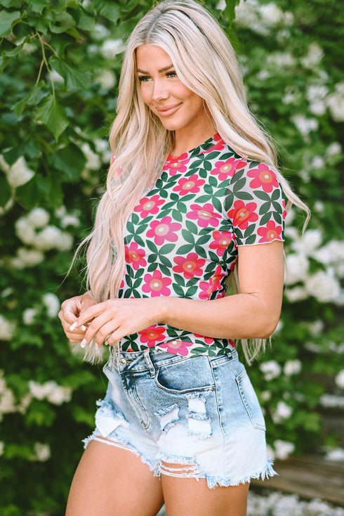 Retro Floral Mesh Short Sleeve Fitted Top