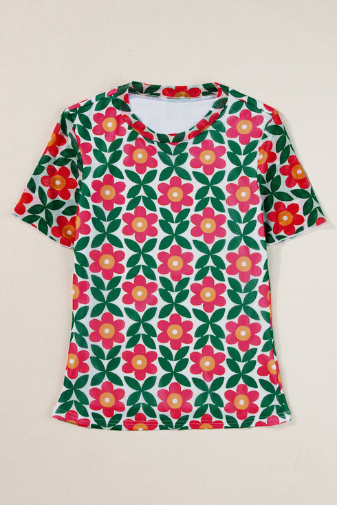 Retro Floral Mesh Short Sleeve Fitted Top
