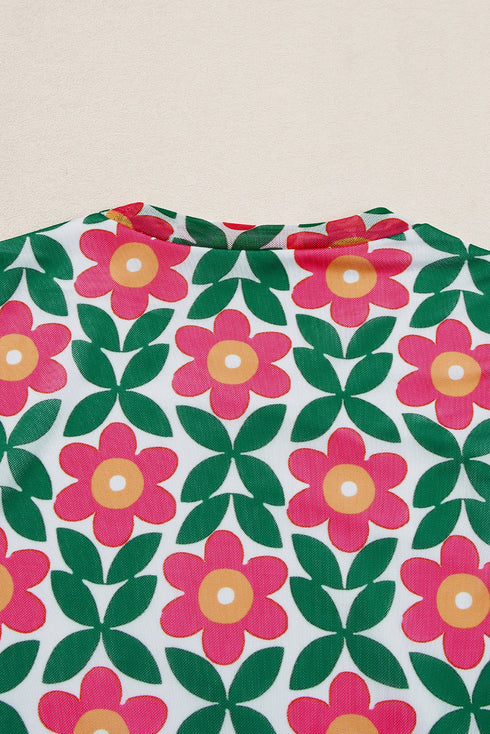 Retro Floral Mesh Short Sleeve Fitted Top