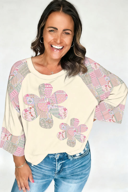 Retro Floral Patchwork Paneled Long Sleeve Top