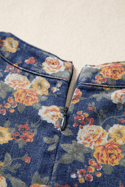 Retro Floral Print Bow Tie V Neck Denim Romper