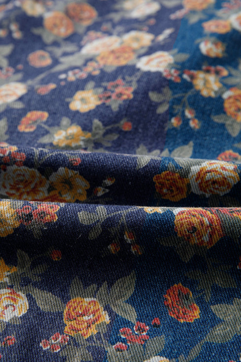 Retro Floral Print Bow Tie V Neck Denim Romper