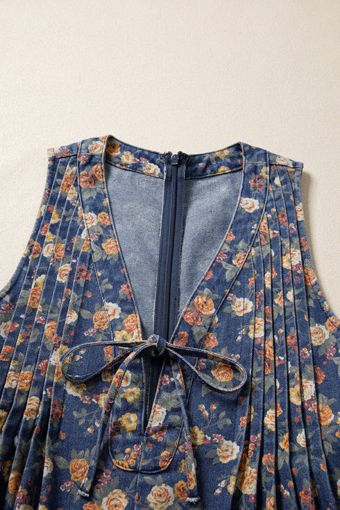 Retro Floral Print Bow Tie V Neck Denim Romper