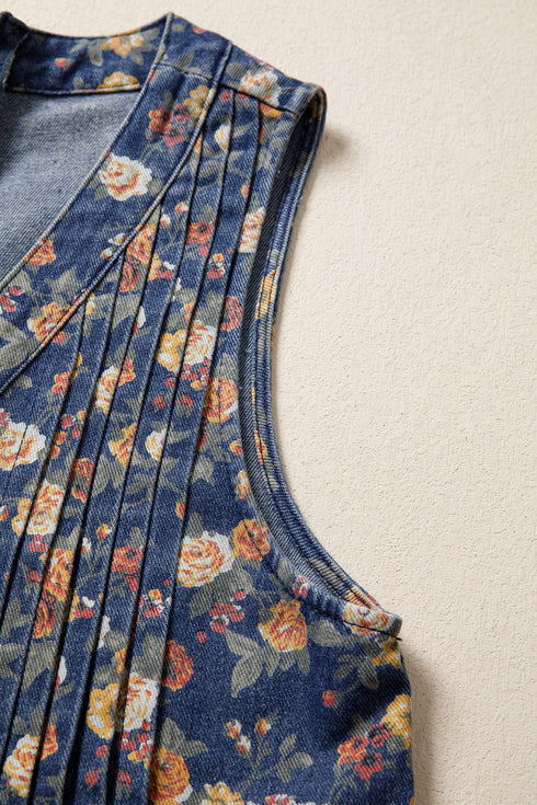 Retro Floral Print Bow Tie V Neck Denim Romper