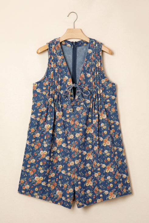 Retro Floral Print Bow Tie V Neck Denim Romper