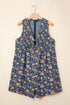 Retro Floral Print Bow Tie V Neck Denim Romper