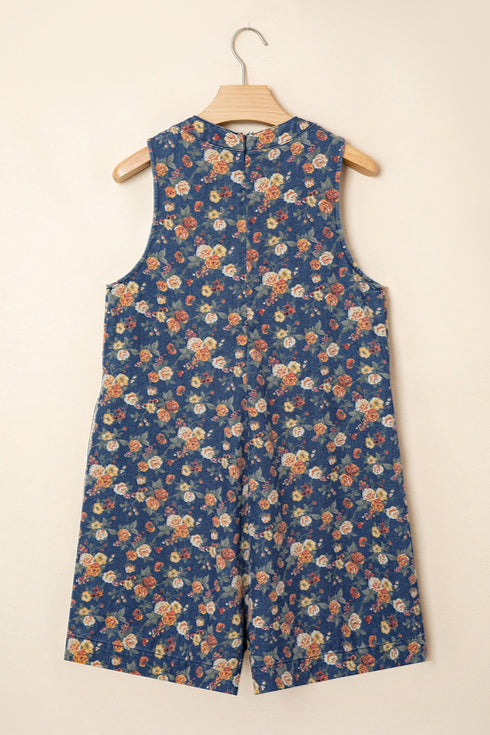 Retro Floral Print Bow Tie V Neck Denim Romper