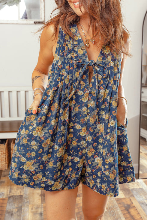 Retro Floral Print Bow Tie V Neck Denim Romper