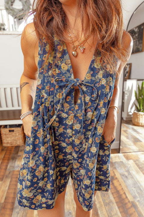 Retro Floral Print Bow Tie V Neck Denim Romper