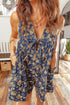 Retro Floral Print Bow Tie V Neck Denim Romper