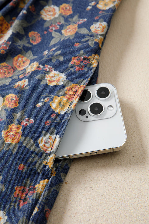 Retro Floral Print Bow Tie V Neck Denim Romper
