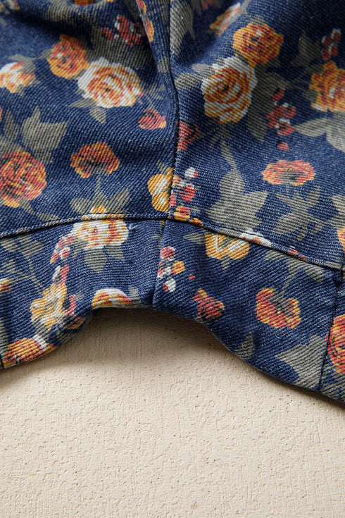 Retro Floral Print Bow Tie V Neck Denim Romper