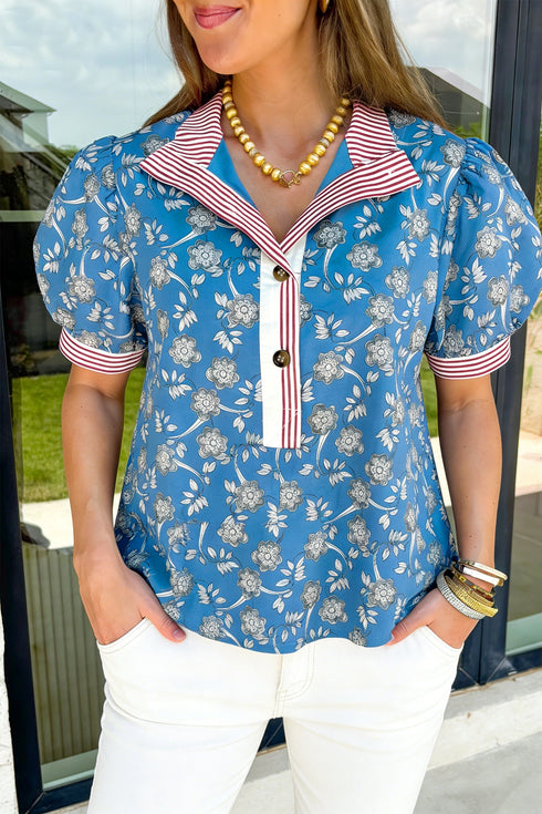 Retro Floral Print Contrast Trim Short Sleeve Blouse