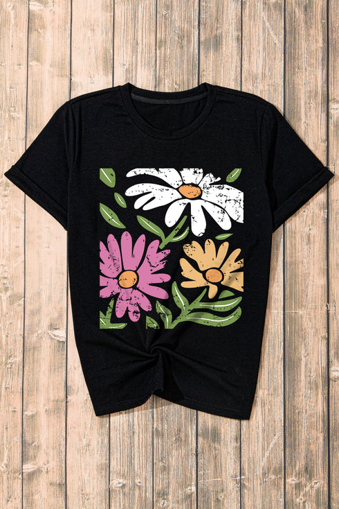 Retro Floral Print Crew Neck Short Sleeve Graphic Tee