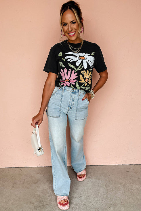 Retro Floral Print Crew Neck Short Sleeve Graphic Tee