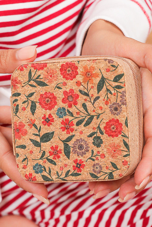 Retro Floral Print Portable Faux Leather Square Jewelry Box
